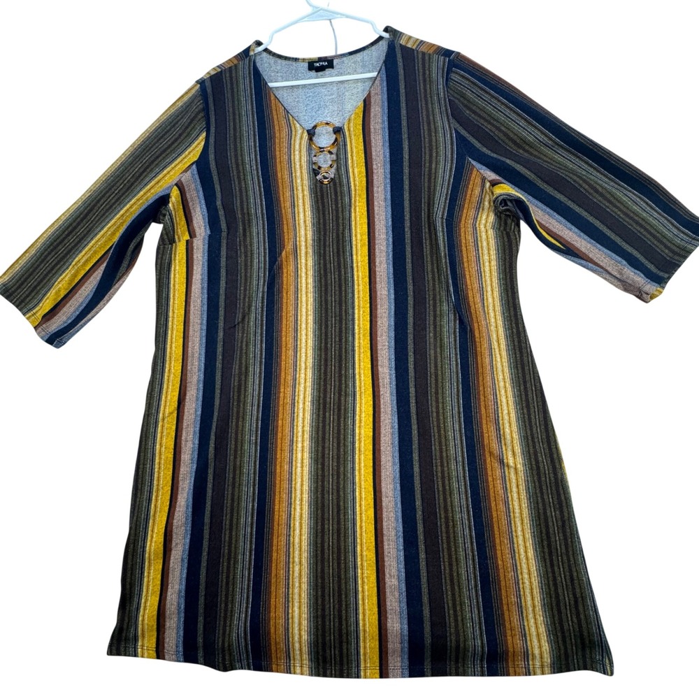 Tacera Tunic Top Womens 2X Multicolor Striped Boho Retro Mini Dress knit